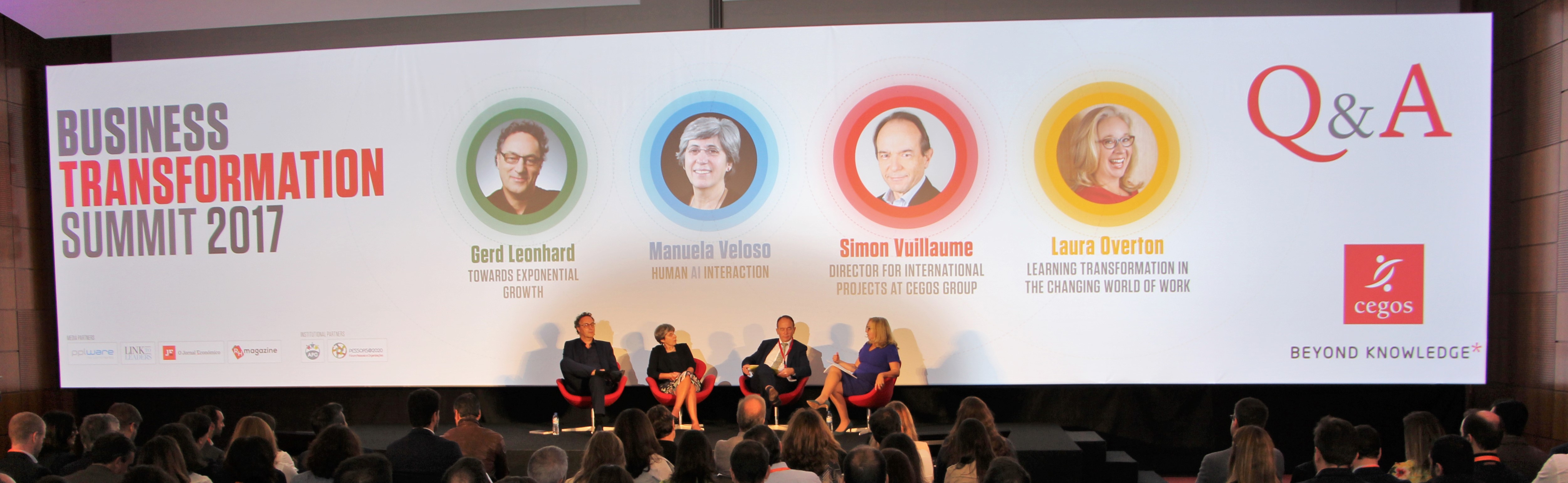 Gerd Leonhard, Manuela Veloso, Simon Vuillaume and Laura Overton at the Business Transformation Summit 2017 - Lisbon