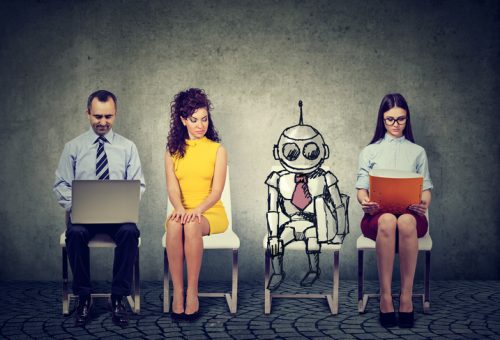 Picture illustrating the article: Cartoon robot sitting in line with applicants for a job interview