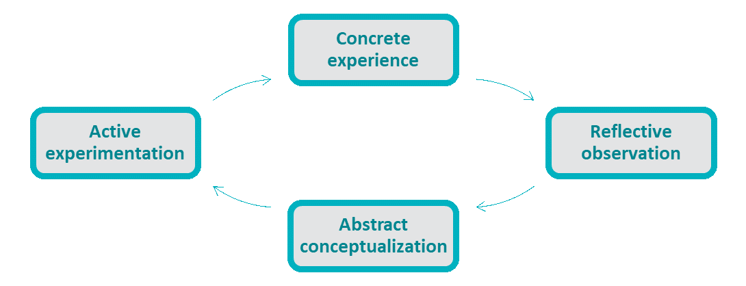 Kolb’s learning style categories (1984, source https://www.teluq.ca), cycle with 4 items: Concrete experience, Reflective observation; Abstract conceptualization, Active experimentation
