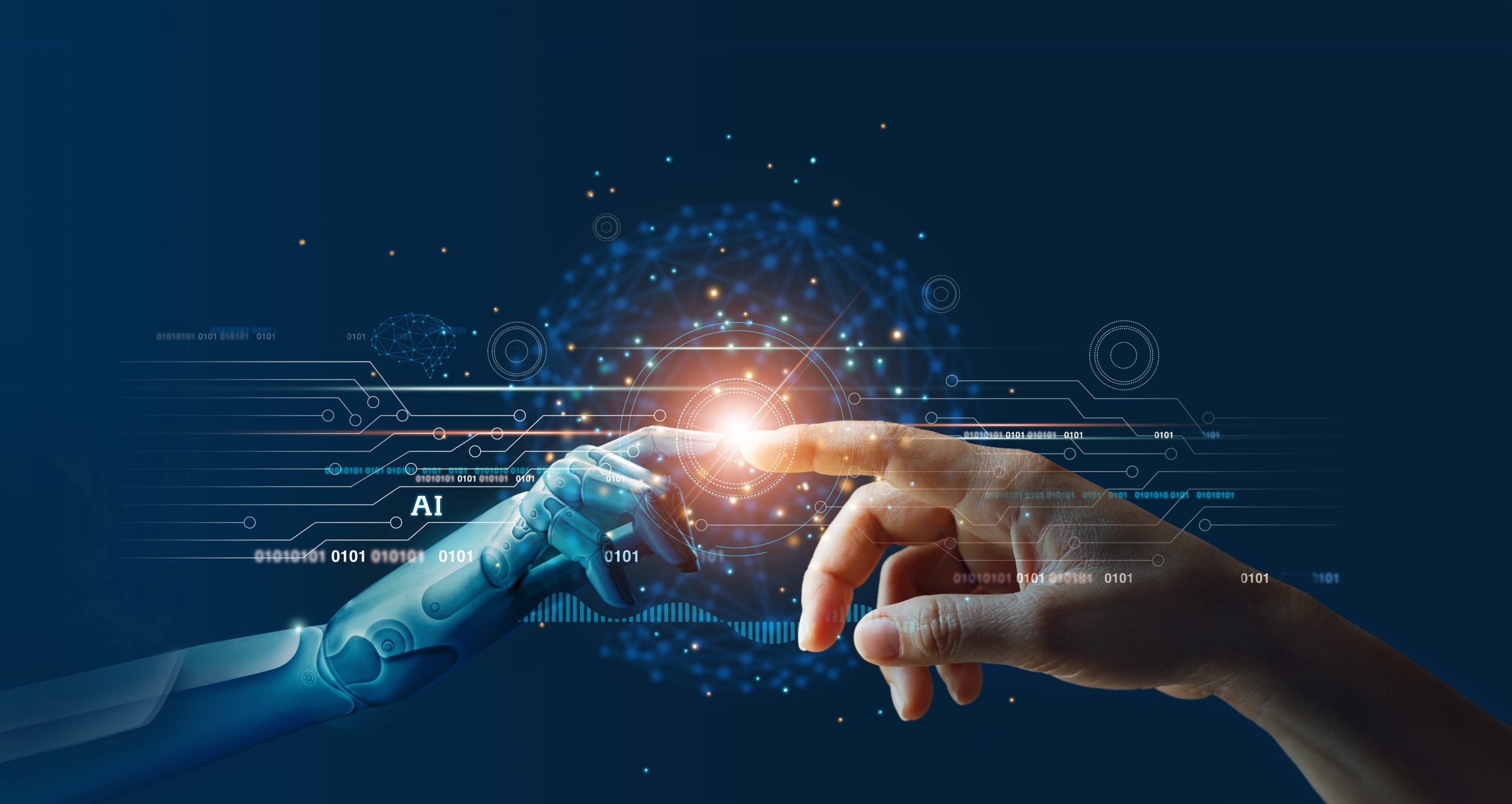 AI, Machine learning, Hands of robot and human touching on big data network  connection background, Science and artificial intelligence technology,  innovation and futuristic. - Blog Global Learning & Development